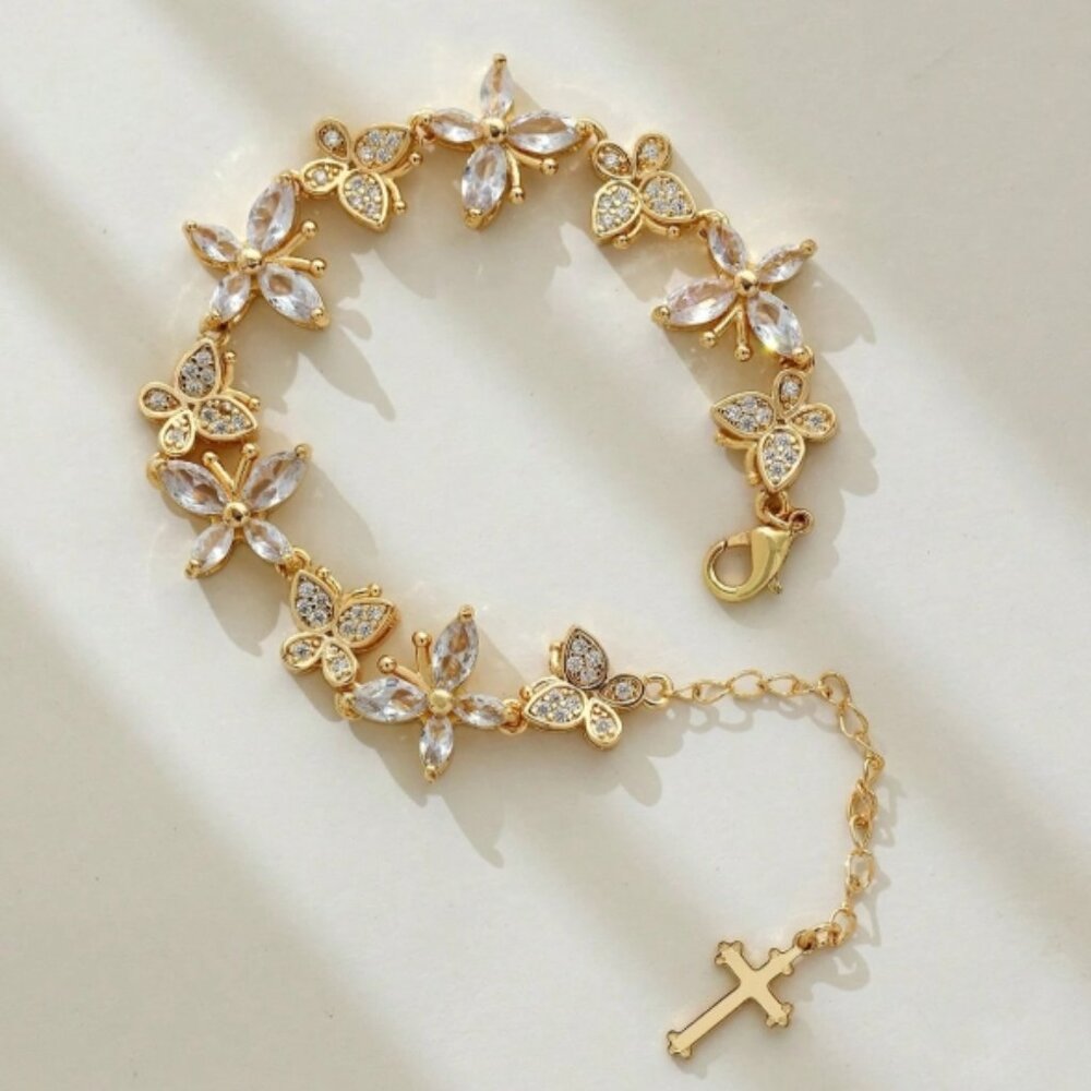 CLEAR GOLD BUTTERFLY FLORAL CZ BRACELET